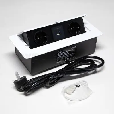 Розетки блок розеток выдвижной горизонт, 2euro, usb a+ c с быстрой зарядкой, 250в, 2700w, белая/чёрная, 2 м